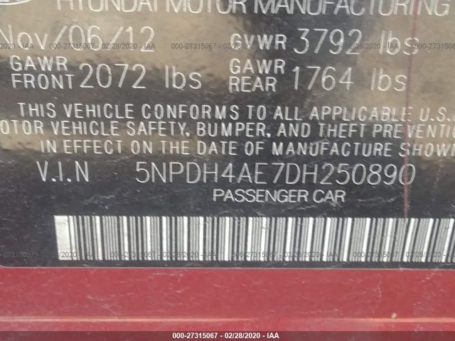 5NPDH4AE7DH250890 - 2013 HYUNDAI ELANTRA GLS/LIMITED Red photo 9