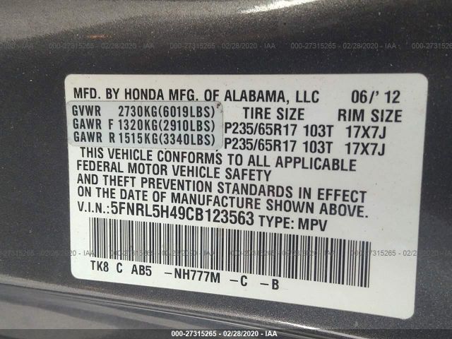 5FNRL5H49CB123563 - 2012 HONDA ODYSSEY EX Gray photo 9