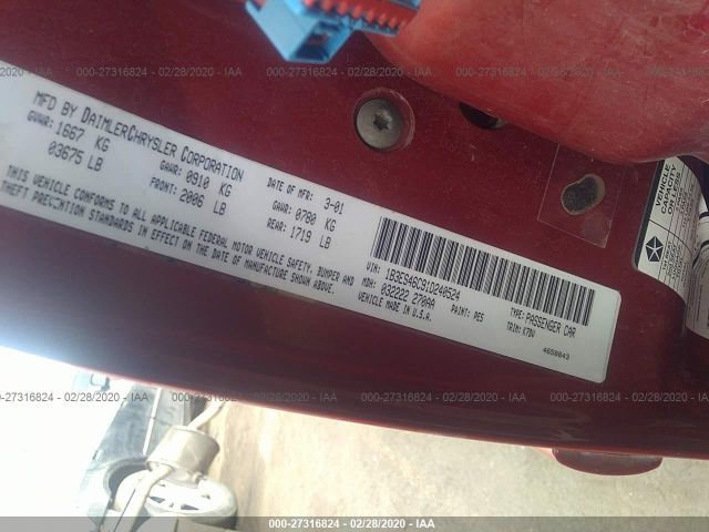 1B3ES46C91D240524 - 2001 DODGE NEON SE/ES Red photo 9