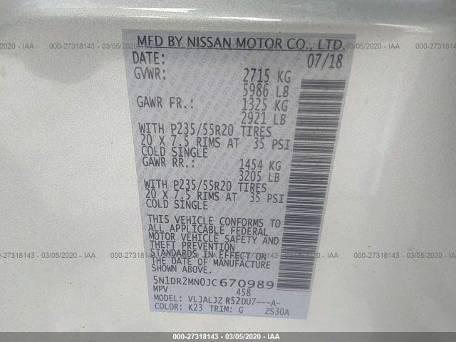 5N1DR2MN0JC670989 - 2018 NISSAN PATHFINDER S/SV/SL/PLATINUM Silver photo 9