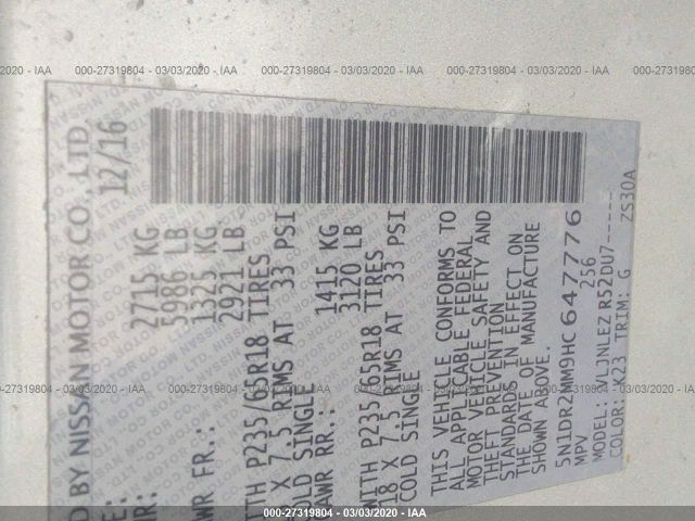 5N1DR2MM9HC647776 - 2017 NISSAN PATHFINDER S/SV/SL/PLATINUM Silver photo 9