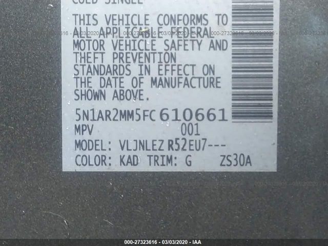 5N1AR2MM5FC610661 - 2015 NISSAN PATHFINDER S/SV/SL/PLATINUM Gray photo 9