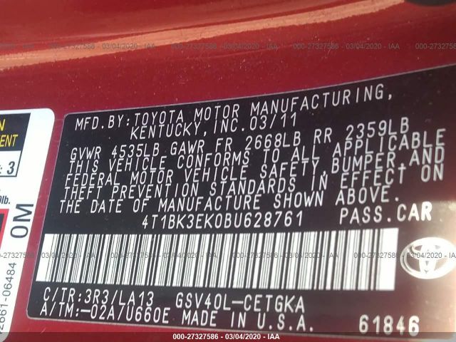 4T1BK3EK0BU628761 - 2011 TOYOTA CAMRY SE/LE/XLE Red photo 9