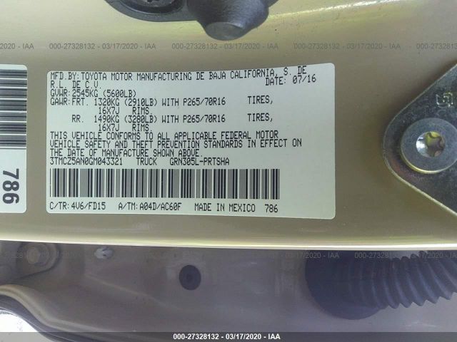 3TMCZ5AN0GM043321 - 2016 TOYOTA TACOMA DBL CAB/SR/SR5/TRD SPT/OR Beige photo 9