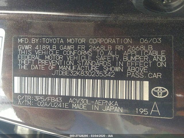 JTDBE32K830235342 - 2003 TOYOTA CAMRY LE/XLE Brown photo 9