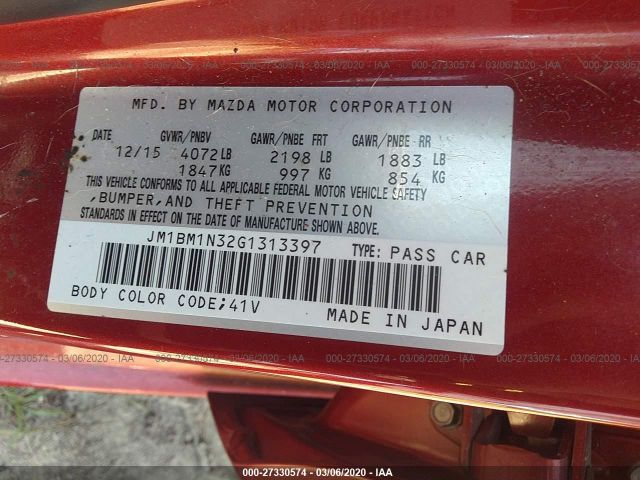 JM1BM1N32G1313397 - 2016 MAZDA 3 GRAND TOURING Red photo 9