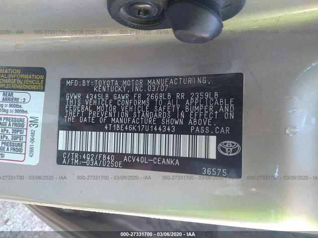 4T1BE46K17U144343 - 2007 TOYOTA CAMRY CE/LE/XLE/SE Brown photo 9