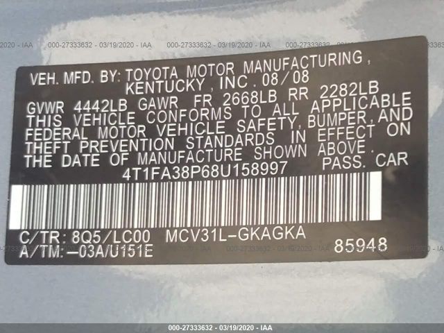 4T1FA38P68U158997 - 2008 TOYOTA CAMRY SOLARA SE/SLE/SPORT Light Blue photo 9