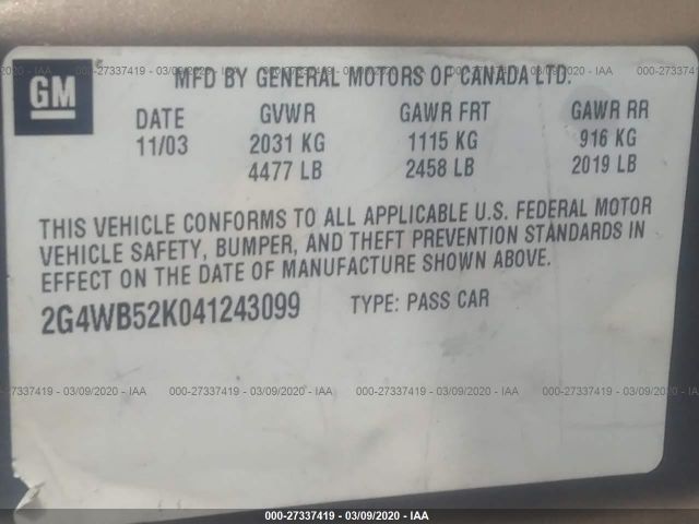 2G4WB52K041243099 - 2004 BUICK REGAL LS 棕色 照片 9