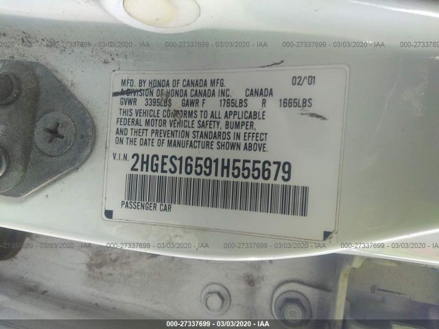 2HGES16591H555679 - 2001 HONDA CIVIC LX White photo 9