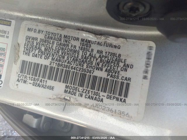 2T1BR38E64C235367 - 2004 TOYOTA COROLLA CE/LE/S Silver photo 9