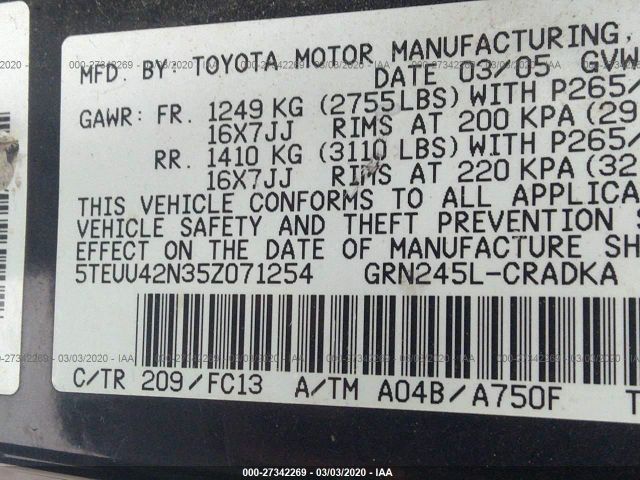 5TEUU42N35Z071254 - 2005 TOYOTA TACOMA ACCESS CAB შავი ფოტო 9