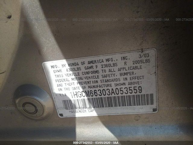 1HGCM66303A053559 - 2003 HONDA ACCORD LX Gold photo 9