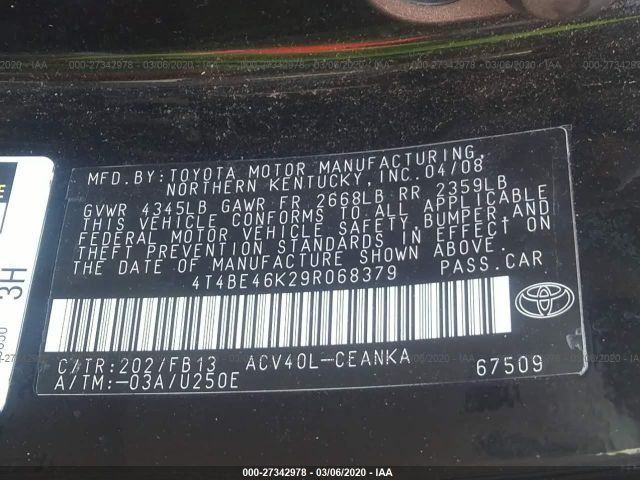 4T4BE46K29R068379 - 2009 TOYOTA CAMRY SE/LE/XLE 黑色 照片 9
