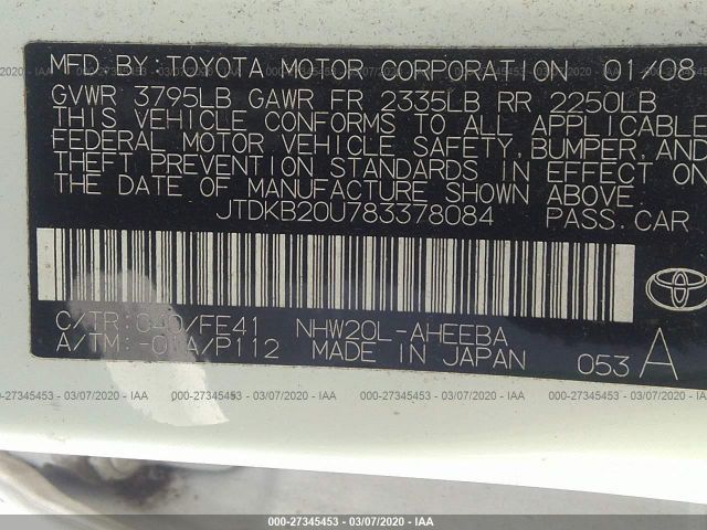 JTDKB20U783378084 - 2008 TOYOTA PRIUS  White photo 9