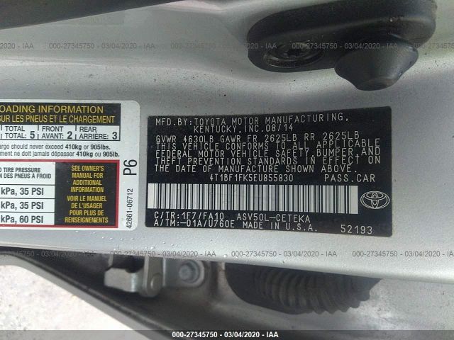 4T1BF1FK5EU855830 - 2014 TOYOTA CAMRY L/SE/LE/XLE 银色 照片 9