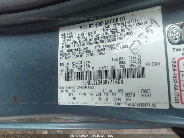 3LNDL2L34BR771604 - 2011 LINCOLN MKZ HYBRID Blue photo 9