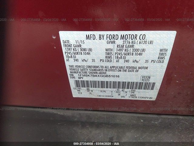 1FM5K7B8XGGB51016 - 2016 FORD EXPLORER  Red photo 9