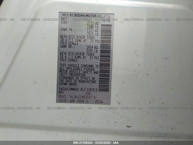 5N1AR2MN0GC623893 - 2016 NISSAN PATHFINDER S/SV/SL/PLATINUM White photo 9