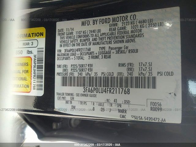 3FA6P0LU4FR211768 - 2015 FORD FUSION SE HYBRID Black photo 9