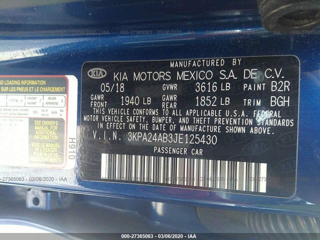 3KPA24AB3JE125430 - 2018 KIA RIO LX/S Blue photo 9