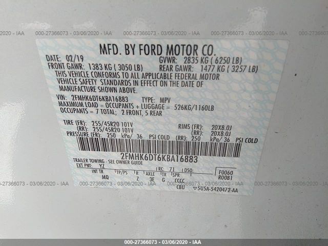 2FMHK6DT6KBA16883 - 2019 FORD FLEX LIMITED White photo 9