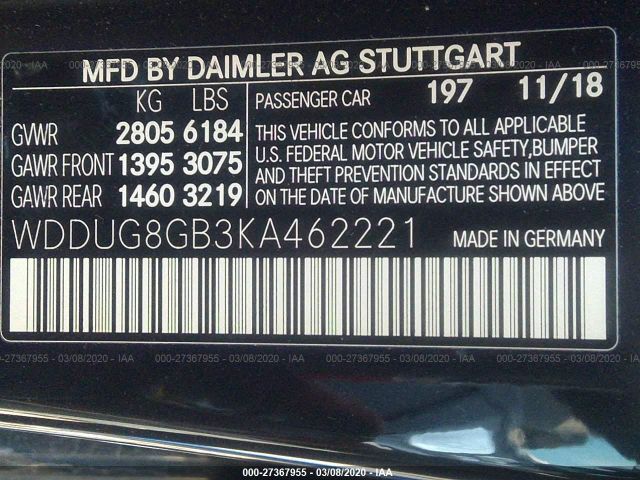 WDDUG8GB3KA462221 - 2019 MERCEDES-BENZ S 560 4MATIC Black photo 9