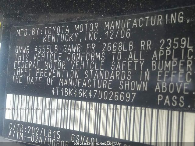 4T1BK46K47U026697 - 2007 TOYOTA CAMRY LE/XLE/SE Black photo 9