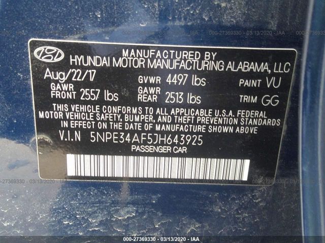 5NPE34AF5JH643925 - 2018 HYUNDAI SONATA SPORT/LIMITED Blue photo 9