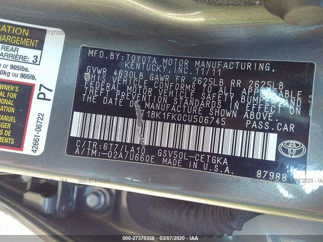 4T1BK1FK0CU506745 - 2012 TOYOTA CAMRY SE/XLE Gray photo 9