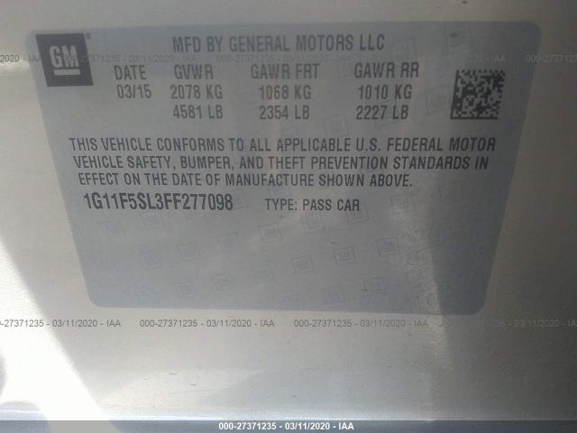 1G11F5SL3FF277098 - 2015 CHEVROLET MALIBU LTZ 金色 照片 9