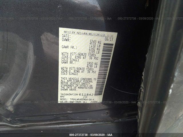 5N1BA0NF1DN611842 - 2013 NISSAN ARMADA PLATINUM Gray photo 9