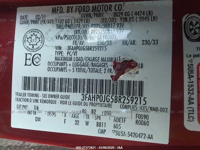 3FAHP0JG5BR259215 - 2011 FORD FUSION SEL Red photo 9
