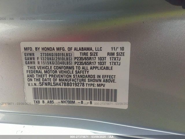 5FNRL5H47BB019278 - 2011 HONDA ODYSSEY EX Silver photo 9