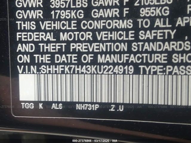 SHHFK7H43KU224919 - 2019 HONDA CIVIC SPORT 黑色 照片 9