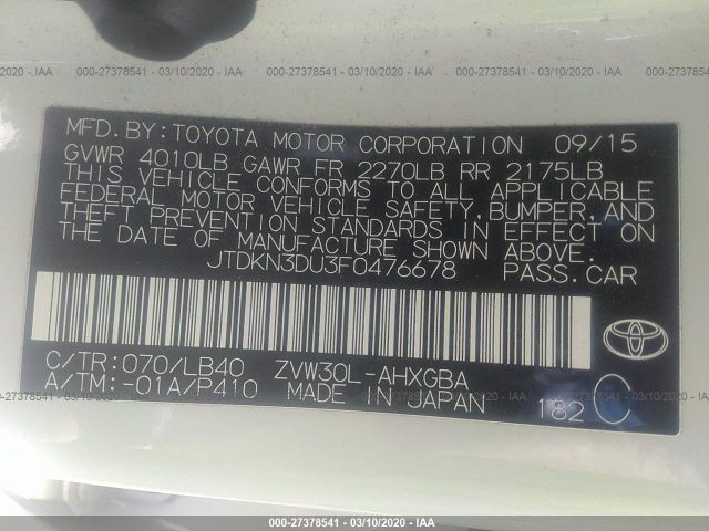 JTDKN3DU3F0476678 - 2015 TOYOTA PRIUS  White photo 9