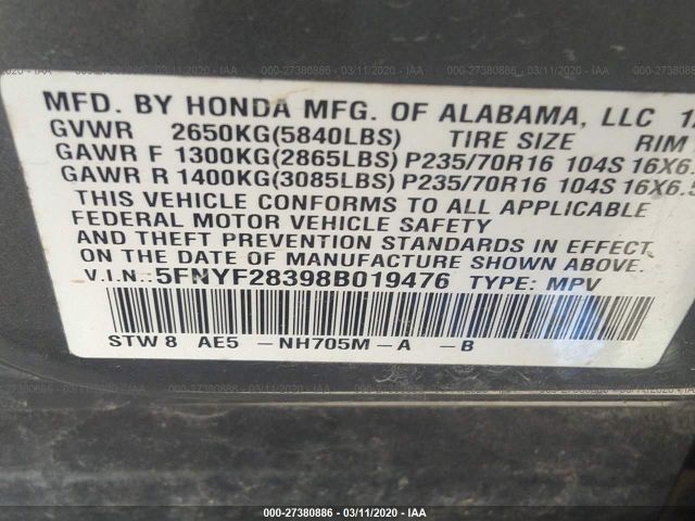 5FNYF28398B019476 - 2008 HONDA PILOT SE Gray photo 9