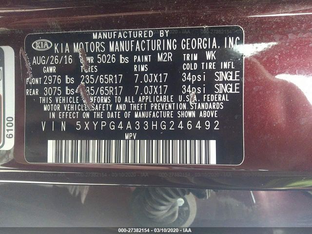 5XYPG4A33HG246492 - 2017 KIA SORENTO LX/L Burgundy photo 9