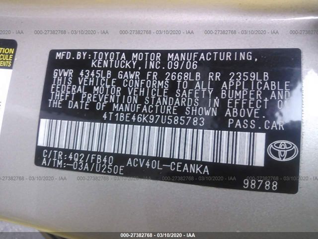 4T1BE46K97U585783 - 2007 TOYOTA CAMRY CE/LE/XLE/SE Brown photo 9