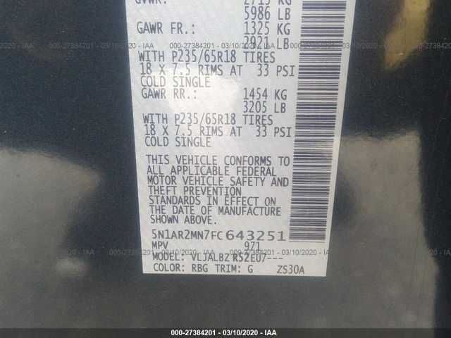 5N1AR2MN7FC643251 - 2015 NISSAN PATHFINDER S/SV/SL/PLATINUM Blue photo 9