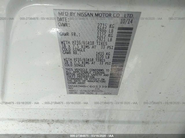 5N1AR2MM8FC605339 - 2015 NISSAN PATHFINDER S/SV/SL/PLATINUM White photo 9