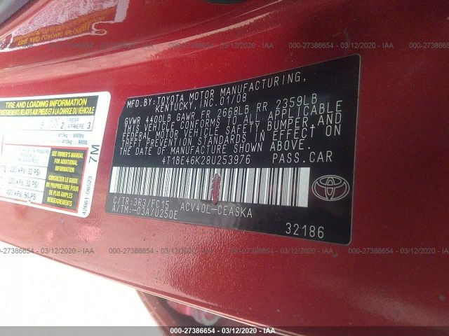 4T1BE46K28U253976 - 2008 TOYOTA CAMRY CE/LE/XLE/SE 红色 照片 9