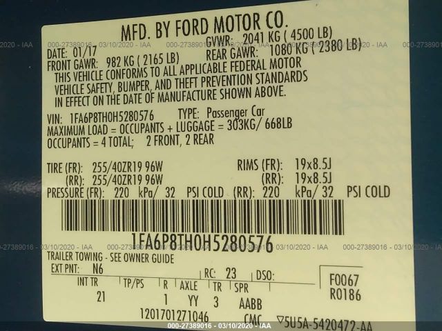 1FA6P8TH0H5280576 - 2017 FORD MUSTANG  Blue photo 9