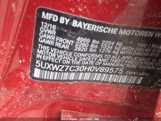 5UXWZ7C30H0V89575 - 2017 BMW X3 SDRIVE28I Red photo 9
