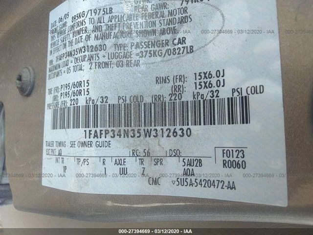 1FAFP34N35W312630 - 2005 FORD FOCUS ZX4 棕色 照片 9