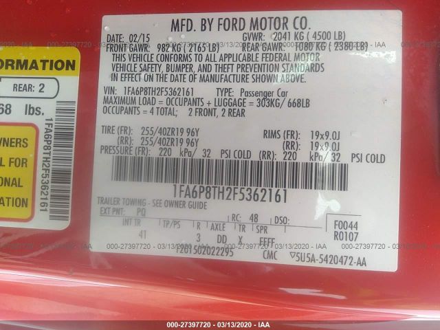 1FA6P8TH2F5362161 - 2015 FORD MUSTANG  Red photo 9