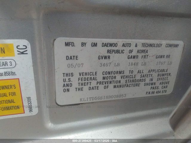 KL1TD56618B008853 - 2008 CHEVROLET AVEO LS Silver photo 9