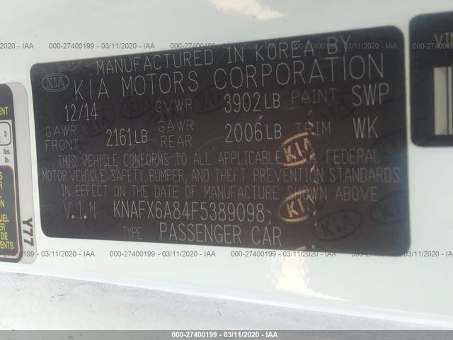 KNAFX6A84F5389098 - 2015 KIA FORTE EX White photo 9