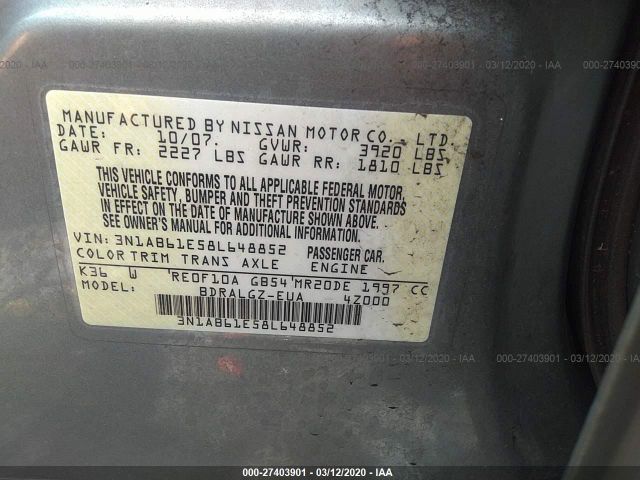 3N1AB61E58L648852 - 2008 NISSAN SENTRA 2.0/2.0S/2.0SL Gray photo 9