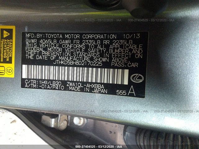 JTHKD5BH8D2170225 - 2013 LEXUS CT 200 Gray photo 9